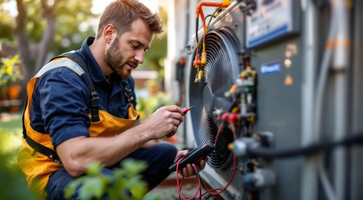 Technicien effectuant l'entretien annuel d'une pompe à chaleur chez un particulier en Vendée
