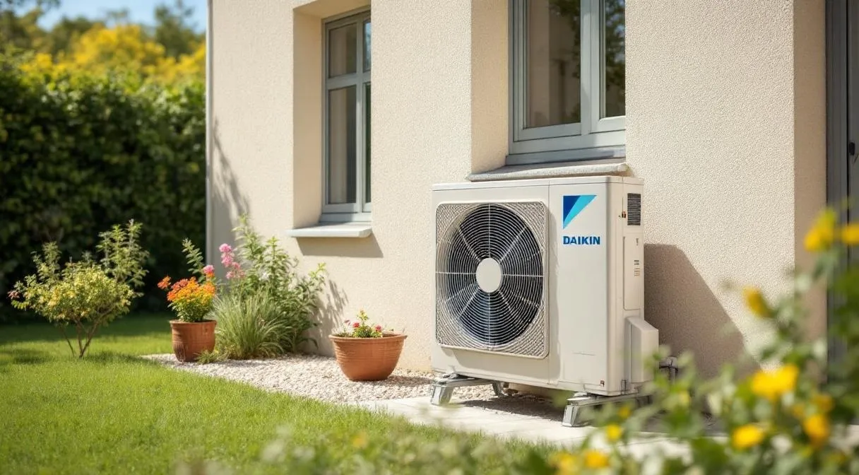 Unité extérieure de pompe à chaleur air/eau installée sur une maison vendéenne